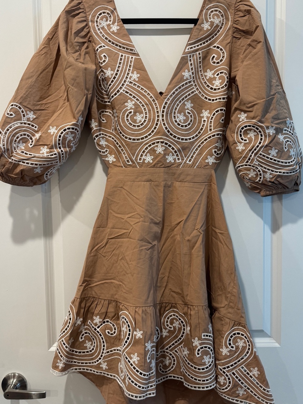 Express Tan Mini Dress with White Embroidered Accents